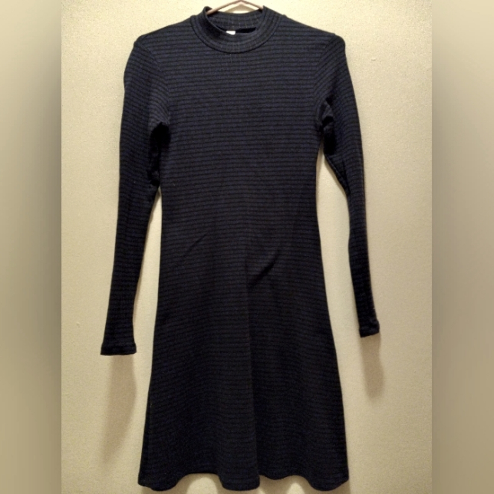American Apparel Navy Blue and Black Striped Long Sleeve Mid Length Dress